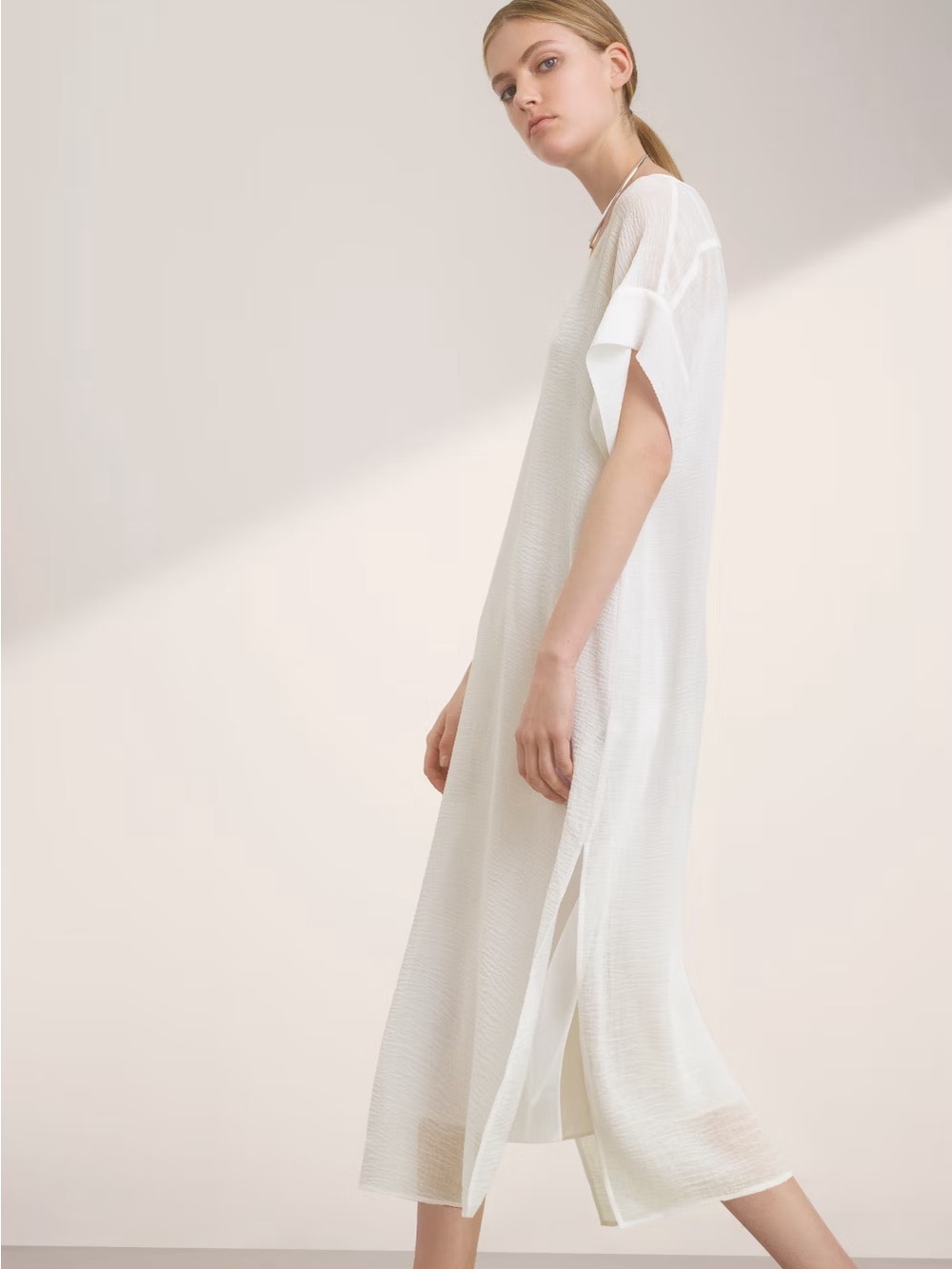Aritzia Babaton Light Cream V-Neck Textured Midi Sheer Dress